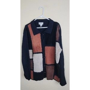 vntge Hampshire Studio Woman Cardigan Sweater Leather Black Brown Color Block XL